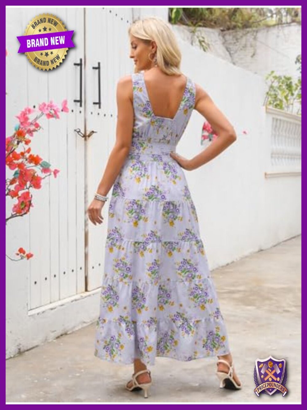 Sleeveless Boho Floral Maxi Dress Wrap Vneck Smocked Tie Flowy Ruffle Tiered - Picture 2 of 6